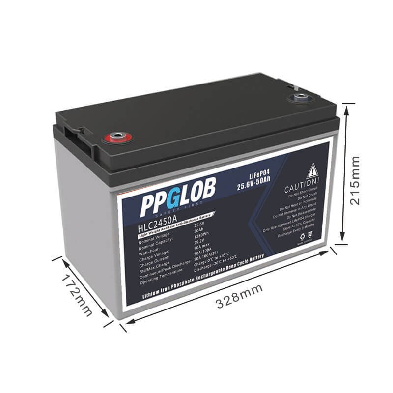 24v 50ah lfp battery with size